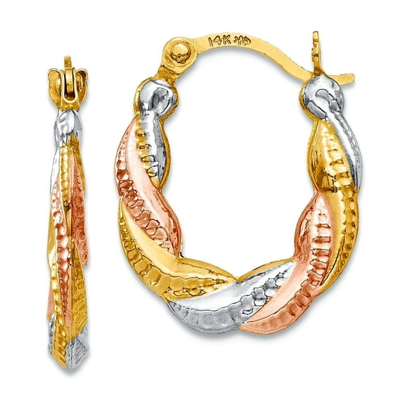 14k Yellow Gold Textured Hinged post and White And Rose Rhodium Hollow Scalloped Hoop Earrings 17x13mm Wide 3m Hoop Earr