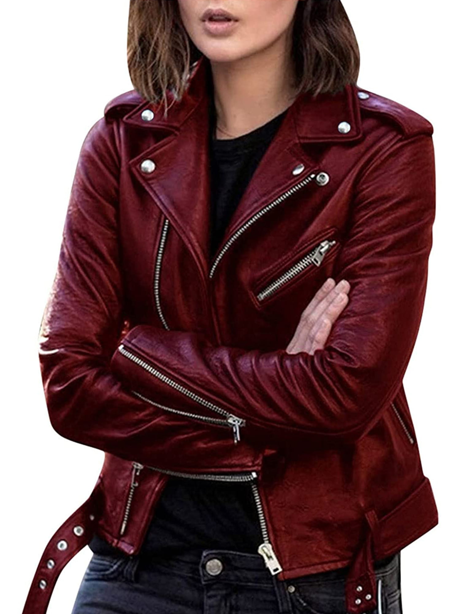 Mstyle Womens Faux Leather Slim Casual Zip Up Biker Jacket Coat Outerwear
