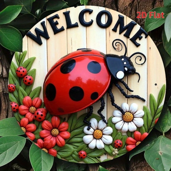 HELLOYOUNG Metal Welcome Sign Ladybug Wall Plaque 2D Printed Rustic Garden Decor Unique Home Gift for Patio Porch Garage Cafe Housewarming
