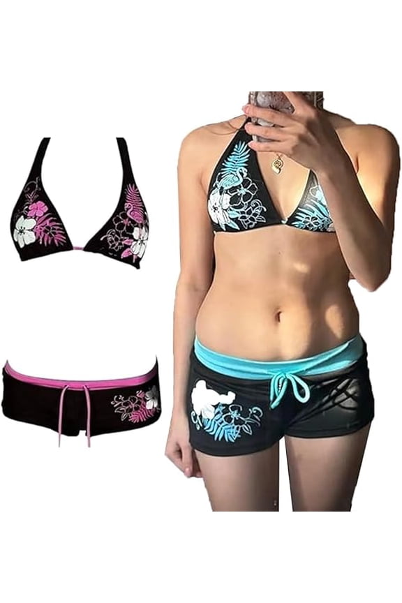 2000s Bathing Suit 2 Piece Y2k Halter Bikini Grunge Swimsuit Goth Outfits Set Alternative Aesthetic Triangle Bikini