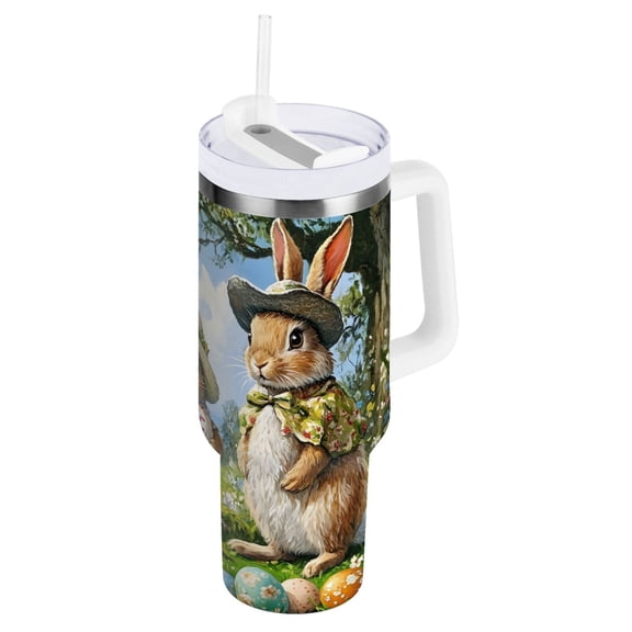 Ryvnso 40 oz Tumbler with Handle and Straw Insulated Stainless Steel Travel Mug with Lid Bunny Family and Eggs