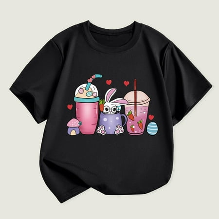 BLTIBY 2025 Toddler Girls Boys T-shirt Summer Short Sleeve Printed Tee Kids Round Neck Fashion Casual Pullover Tops Black 3-4 Years