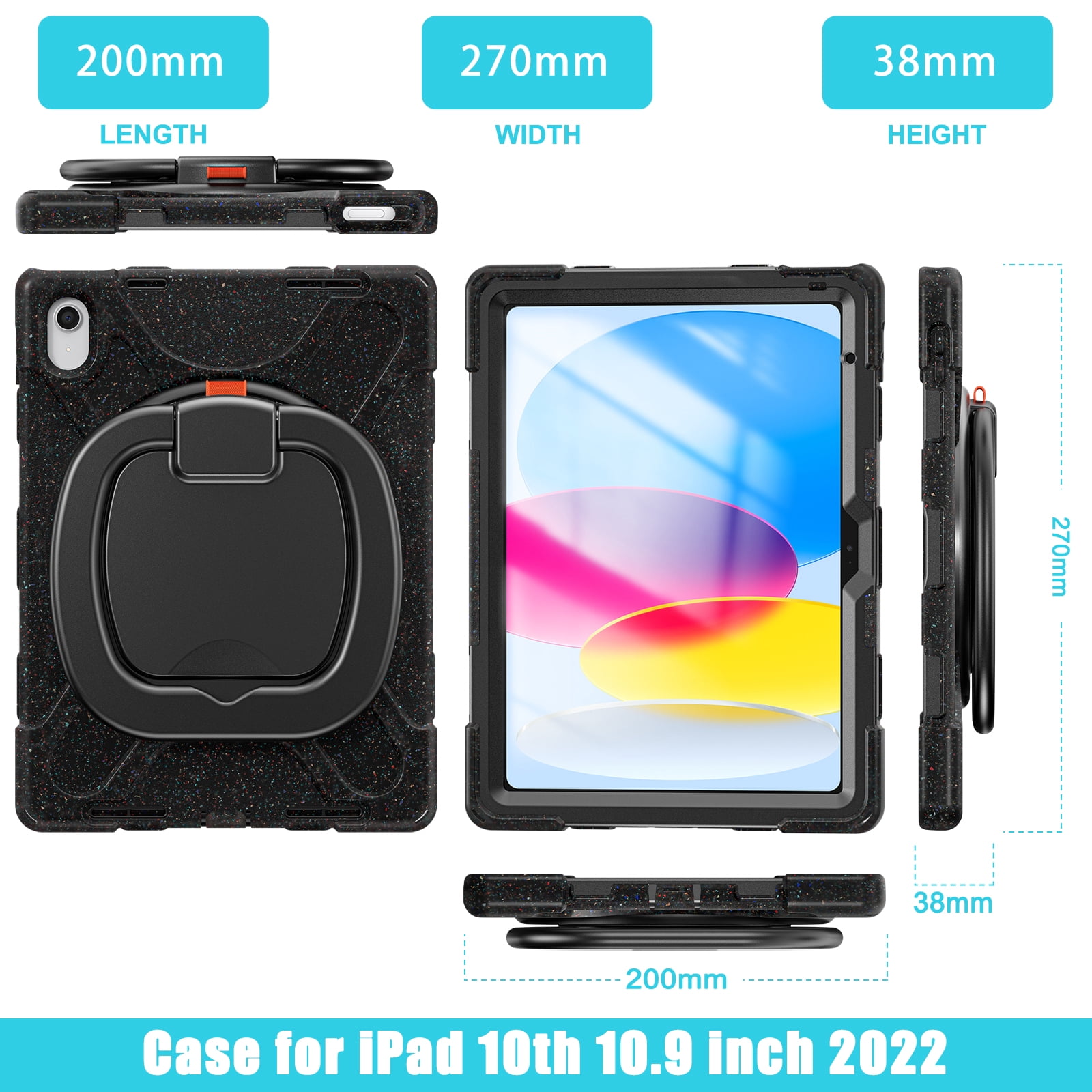 iPad 10th Generation Case 2022,iPad 10th Gen 10.9 inch Rugged Case with Screen Protector,Rotating Stand/Pencil Holder/Carrying Shoulder Strap - Carnival Night Black