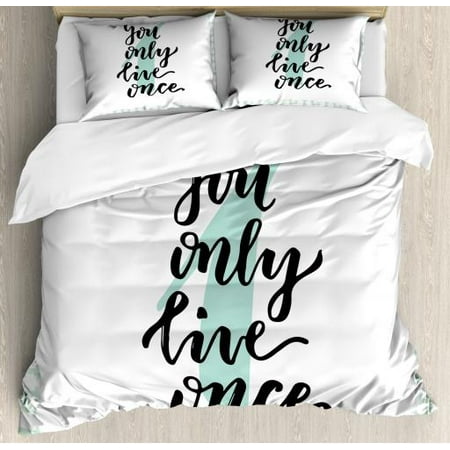 Queen Duvet Cover Dark Green YOLO Queen Size Duvet Cover Set, Hand Lettering Calligraphy with Popular Saying in Cursive Writing, Decorative 3 Piece Bedding Set with 2 Pillow Shams, Mint Green Black and White, by Ambesonne ()