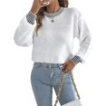 thumbnail image 3 of Women Casual Knit Crew Neck Contrast Striped Lantern Long Sleeve Loose Knit Pullover Sweater White M, 3 of 9