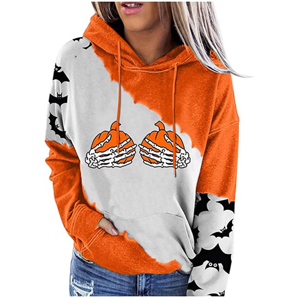 Moda mujer cuello redondo manga larga Halloween camiseta impresión con capucha bolsillo blusa Tops Fridja ghj987+6539