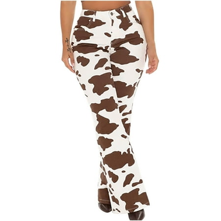 Ontiwes Womens Cow Print Jeans High Waisted Flare Jeans Skinny Bell Bottom Denim Pants Trendy Wide Leg Bootcut Trousers with Pockets