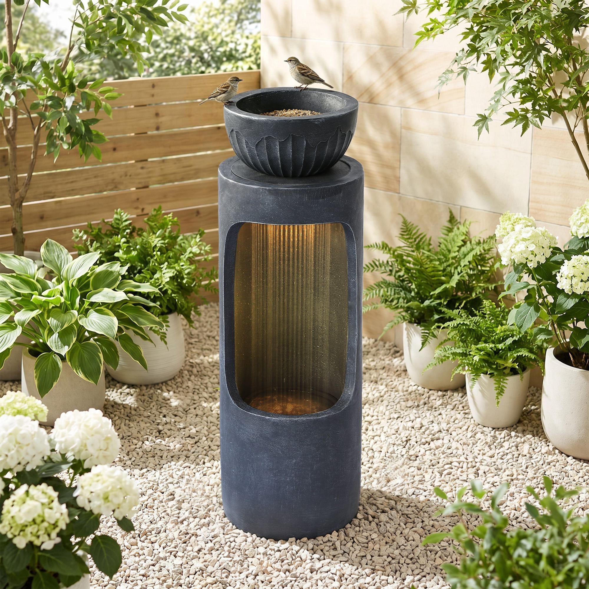 Magic Union 37.2" Outdoor Water Fountain, Cascading Waterfall Fountain with LED Lights & Planter Bowl, Garden Freestanding Resin Fountain for Outside, Water Feature for Patio, Balcony, Yard, Deck