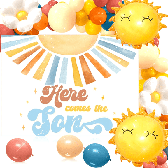 Blue And Yellow Here Comes The Son Baby Shower Decor Here Comes The Son Baby Shower Banner Backdrop Decorations Sunshine Baby Shower Balloons Sun Balloon