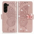 thumbnail image 2 of Feishell for Samsung Galaxy Z Fold 6 Wallet Case for Women Girls,Bling Diamond Butterfly Embossed PU Leather Magnetic Clasp Flip Kickstand ID Credit Card Slots Phone Case with Wrist Strap,Rosegold, 2 of 12