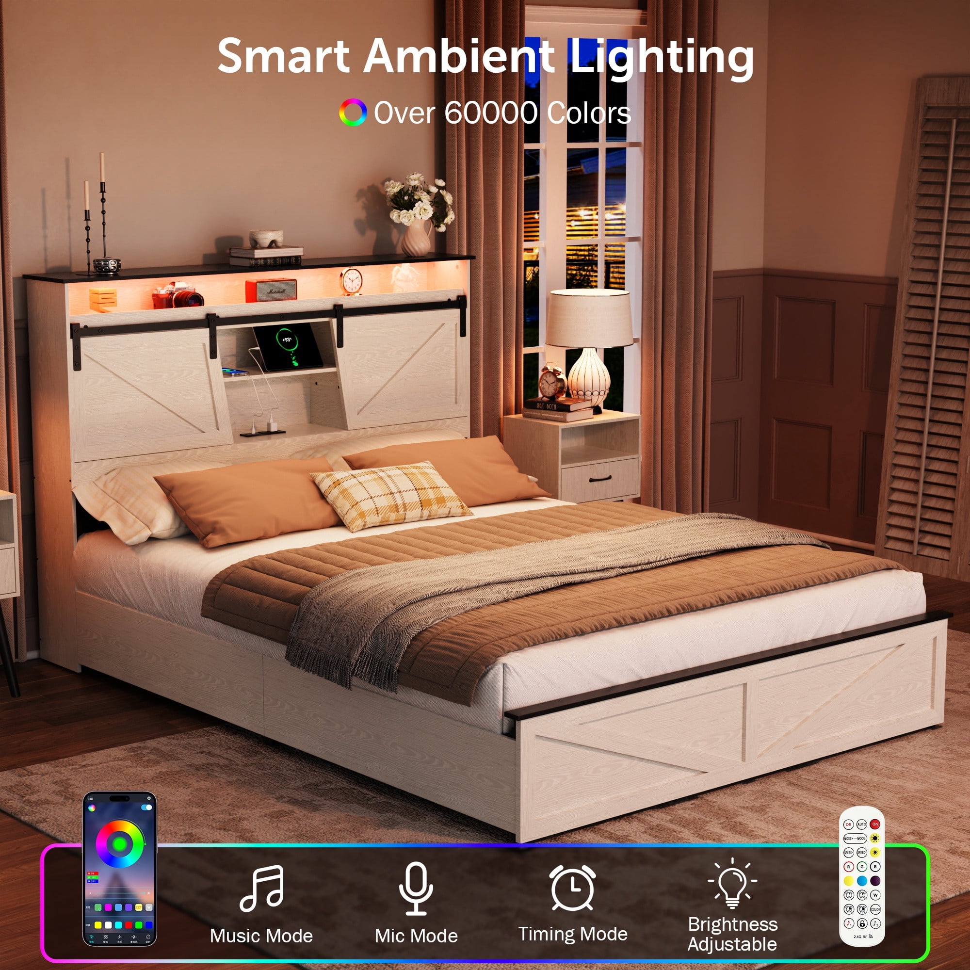 Wood Queen Bed Frame with Headboard & Storage Shelf, Holaki Farmhouse Queen Size Platform Bed Frame with 2 Drawers, Charging Station & LED Lights, Headboard with Sliding Barn Door, White