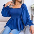 thumbnail image 4 of Blusa Tipo Babydoll de Larga con Cuello Cuadrado, Fruncido, Dobladillo con Volantes y Peplum Fruncido para Mujer. Azul M, 4 of 10