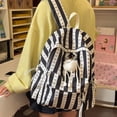 thumbnail image 3 of Striped Bow School Backpack, Chic Backpack with Drawstring Side Pocket, Nylon Waterproof Bookbag for College Shopping Travel (Black), 3 of 4