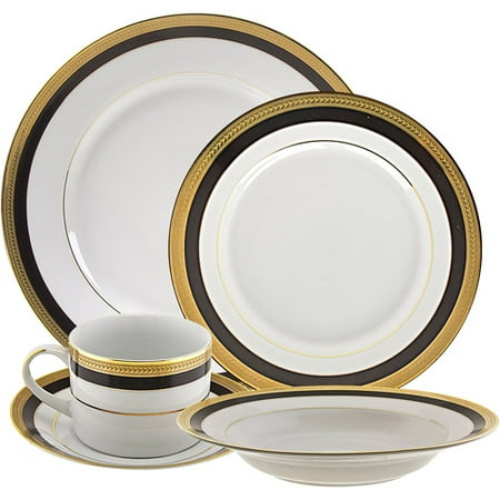- 10 Strawberry Street Sahara Black 20-Piece Dinnerware Set with Cup and Saucer, White with Black and Gold Border