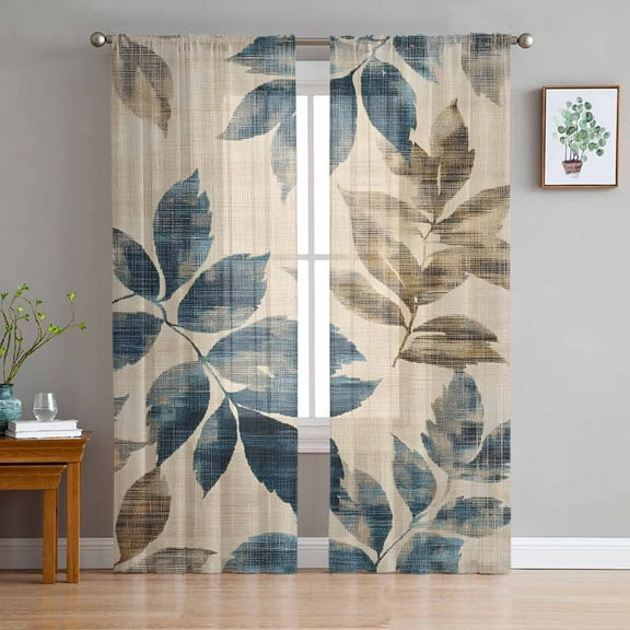 Navy Blue Brown Botanical Sheer Curtains 63 Inches Length 2 Panels Set, Window Sheer Curtains for Living Room/Bedroom, Retro Elegant Palm Leaves Light Filtering Rod Pocket Curtain 52'' x 63'' x 2