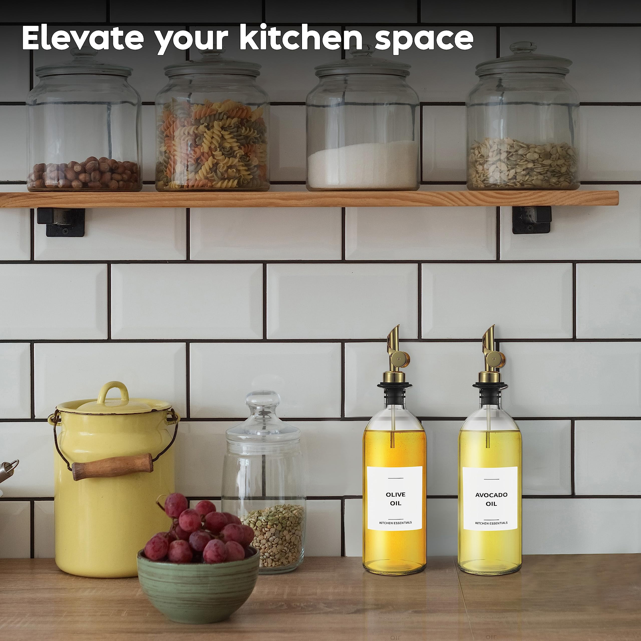 Olive Oil Dispenser Bottle - Includes 55 Kitchen Labels Cooking Bottles For  Coffee Syrup Pourer Spout With 16.9 Fl Oz Glass Container Cruet 2pcs
