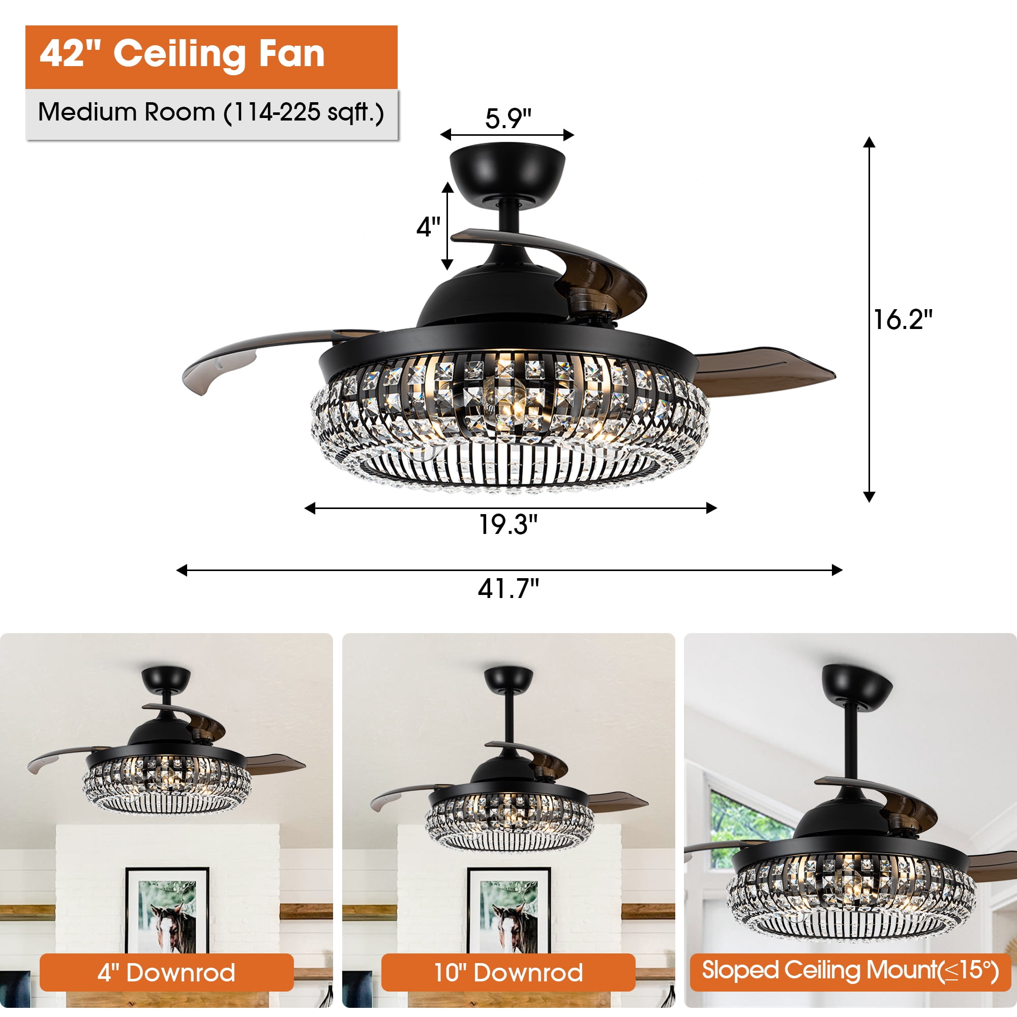 Parrot Uncle Ceiling Fan with Lights and Remote 42 inch Modern Crystal Ceiling Fan with Light 3 Bulbs Not Included, Black