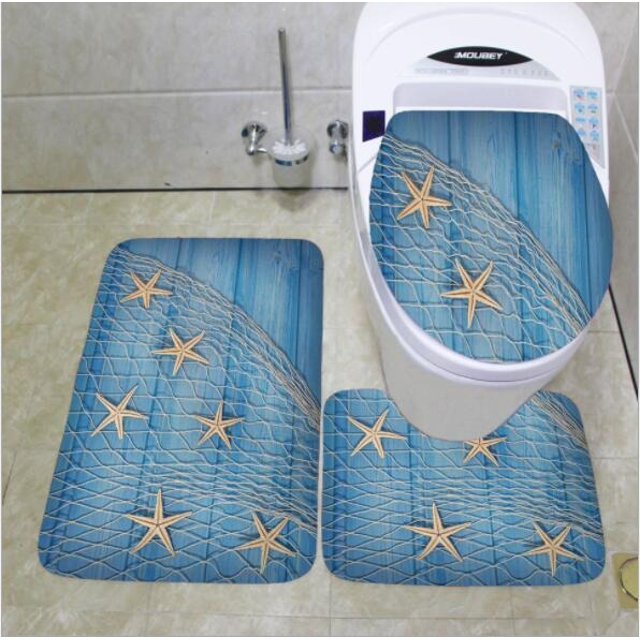 3 Piece Bathroom Rug Set Nautical Anchor Pedestal Mat Non Slip Bath Mat Toilet Lid Cover Toilet Rug Set,Starfish 31