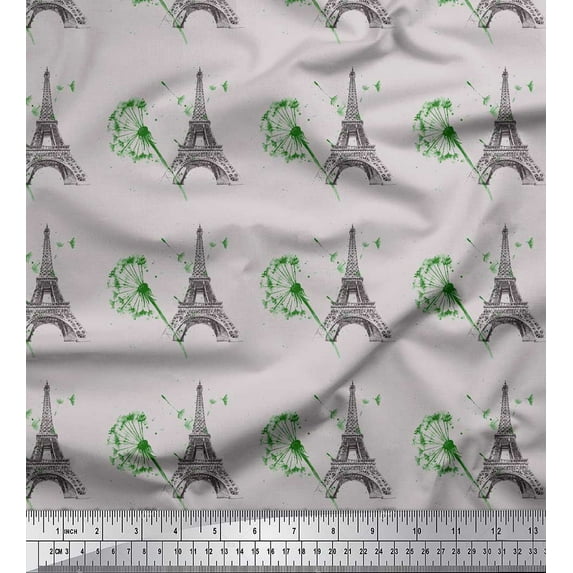 Soimoi Gray Moss Georgette Fabric Artistic Floral & Eiffel Tower Architectural Printed Craft Fabric by the Yard 42 Inch Wide