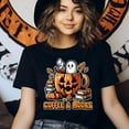 thumbnail image 3 of Coffee and Books Shirt – Halloween Ghost Pumpkin Mug Tee, Azalea, Size L, 3 of 6