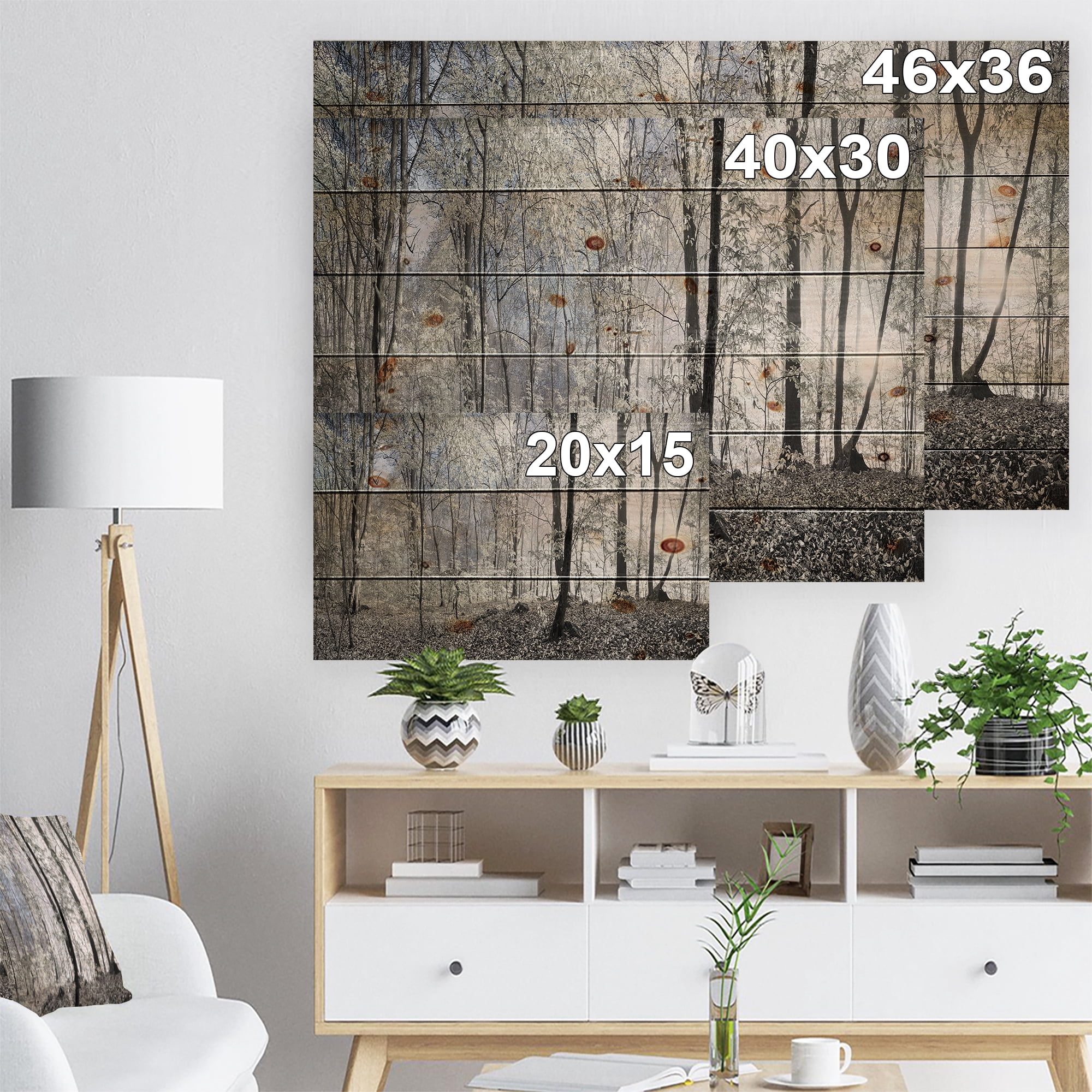 Designart 'Dark Morning in Forest Panorama' Landscape Print on Natural Pine Wood