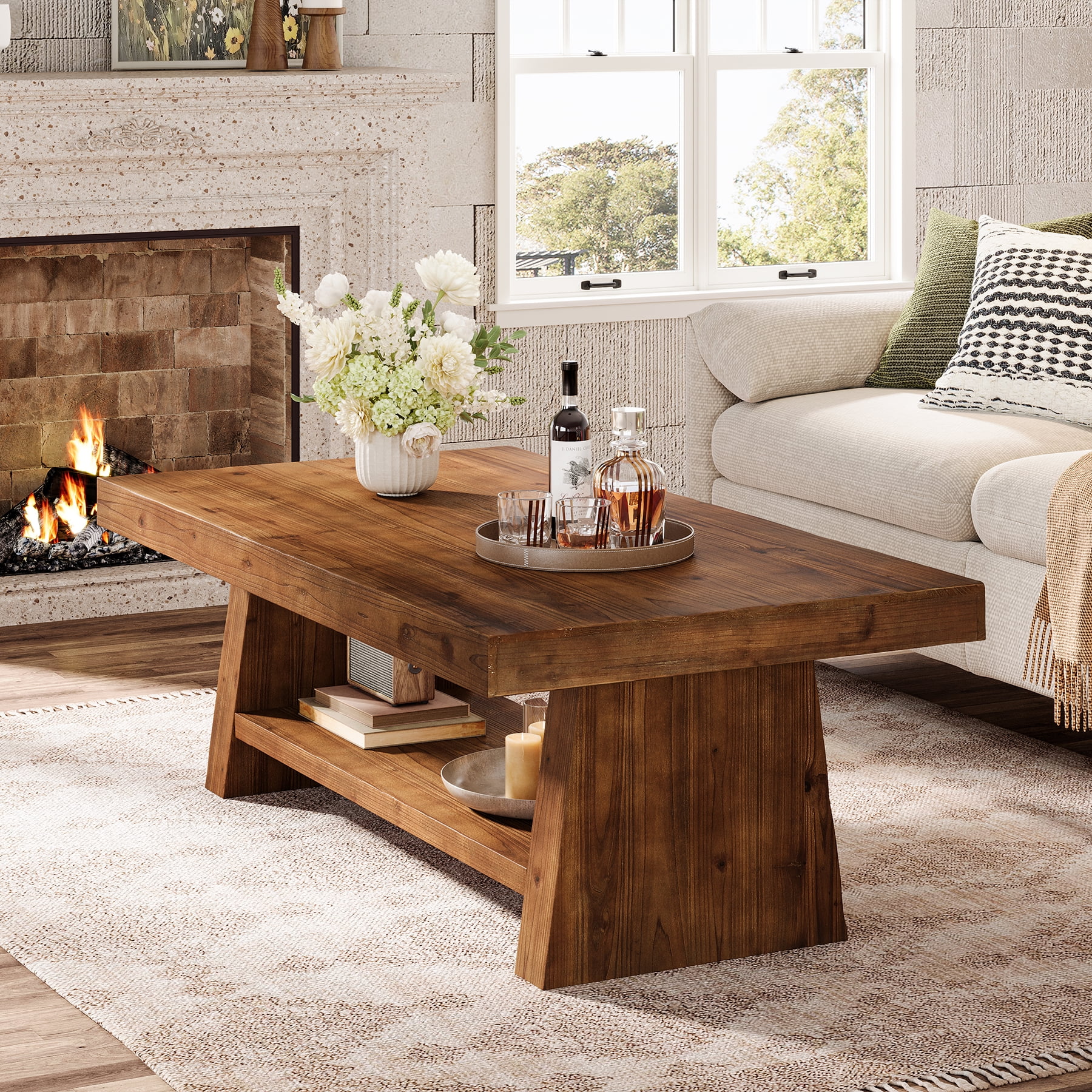 Finmind 2-Tier Solid Wood Coffee Table, 47-Inch Farmhouse Center Table with Storage,Rectangular Tea Table for Living Room, Natural Brown