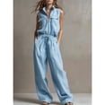 thumbnail image 3 of Women's Casual 2 Piece Outfits Sleeveless Zip Up Top and High Waisted Wide Leg Pants Set Summer Streetwear, Nylon, | VerBelle,Blue L, 3 of 9