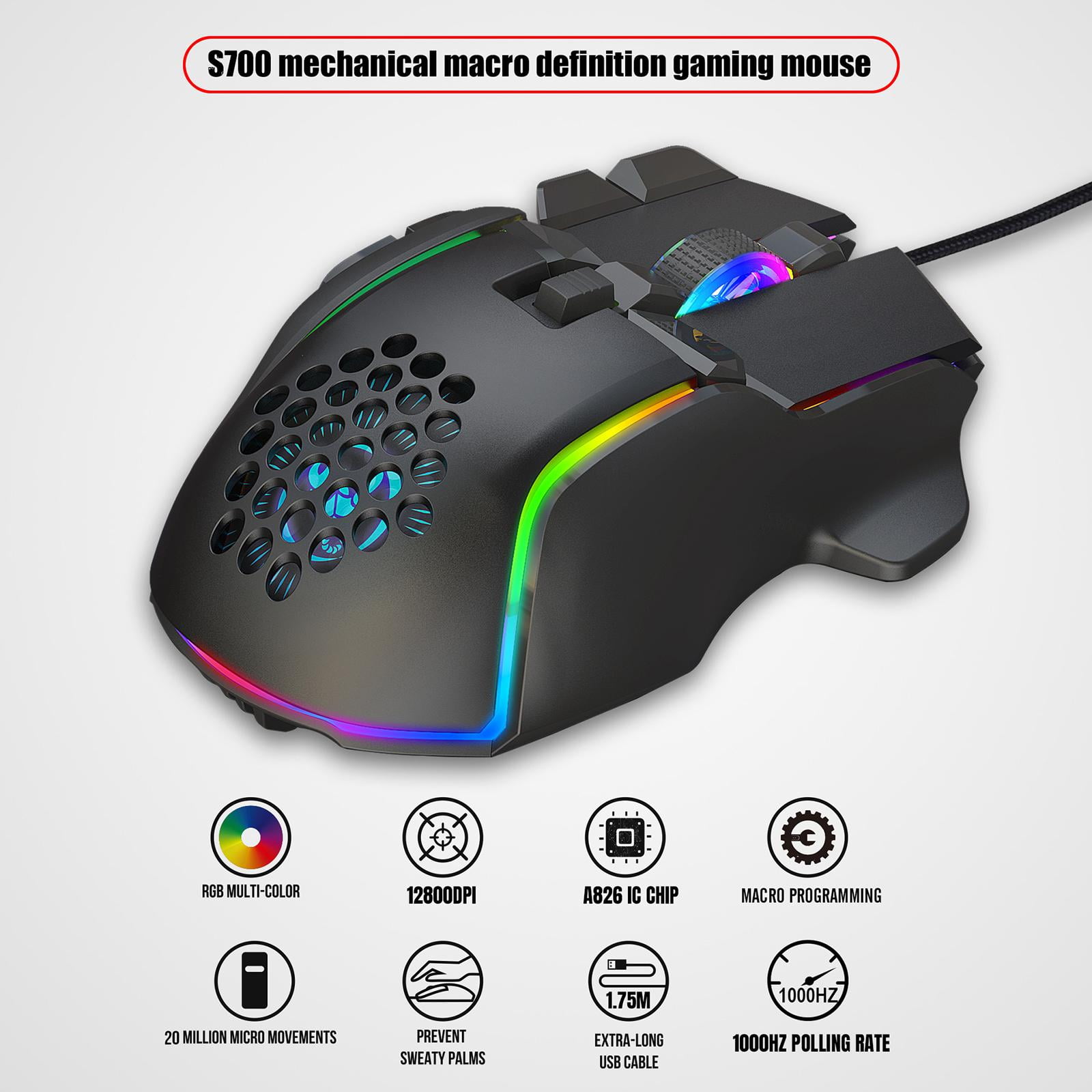 Wired Gaming Mouse RGB Ergonomic Mute Keys 12800DPI 1000Hz 400ips Mice For  Laptop PC LOL FPS Gamer