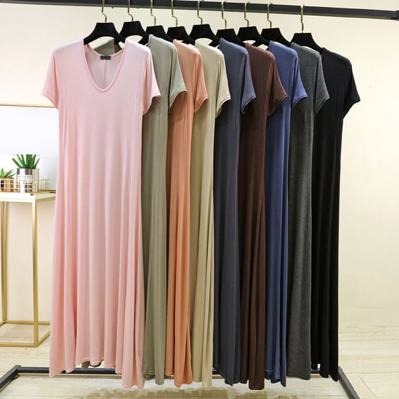 Asxite Womens Pajamas Solid Rayon Stretchy Breathable Crew Neck Short Sleeve Nightgowns