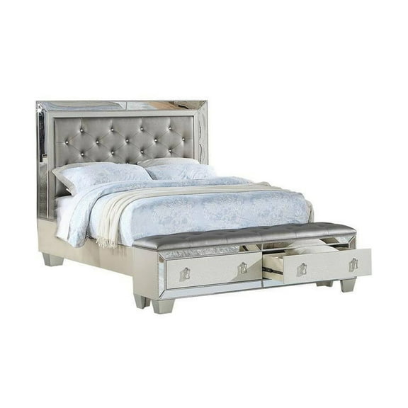 Benjara Reva California King Bed- Storage Bench- Upholstered Silver Faux Leather