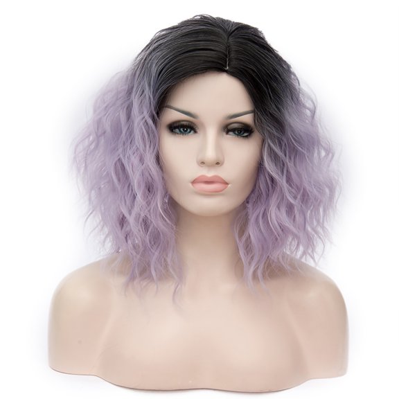 Unique Bargains Human Hair Wigs for Women Lady Curly Wig Cap Fluffy Curly Wavy Light Purple