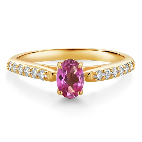 Gem Stone King 10K Yellow Gold Pink Mystic Topaz and White Lab Grown Diamond Engagement Ring for Women (0.68 Cttw, Oval 6X4MM, Gemstone Birthstone, Size 6)
