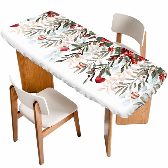 Red Green Valentine's Day Table Cloths for 8 Foot Rectangle Tables, Summer Botanical Floral Farmhouse Patio Waterproof Elastic Fitted Tablecloths, Washable Rectangular Table Cover for Camping