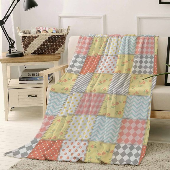 Throw Blanket Fleece Throw Blanket 30x40in, Abstract Patchwork Plaid Country Soft Lightweight Bed Blankets Vintage Geometric Floral Fuzzy Couch Blankets for All Season