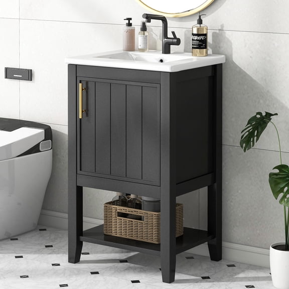 GDF Studio 20" Bathroom Vanity with Sink, Soft Closing Door, Storage Rack and Open Shelf, Black