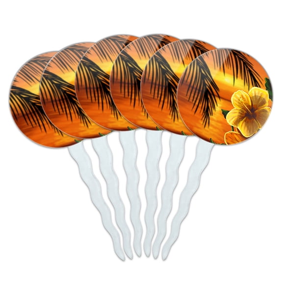 Beach Sunset Hibiscus Flower Hawaiian Cupcake Picks Toppers - Set of 6