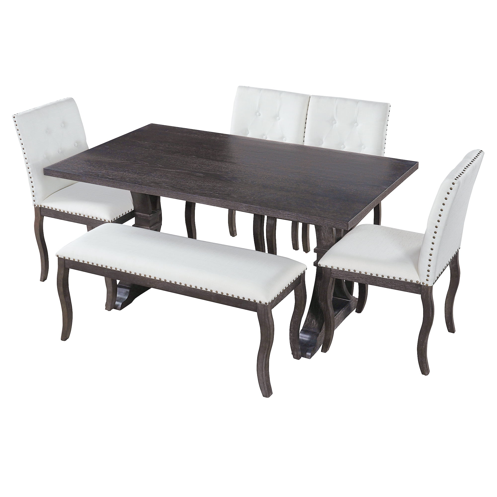 6-Piece Dining Table Set for 6 , 60" Large Rectangular Table with 4 Upholstered Chairs and Bench