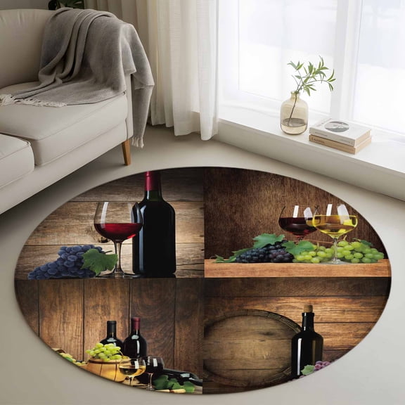 Small Round Rug 3Ft Washable Non-Slip, Red Wine Circle Area Rugs for Living Room Bedroom, Grapes Glasses Country Wooden Farmhouse Indoor Floor Mats Carpet Runner for Home Decor