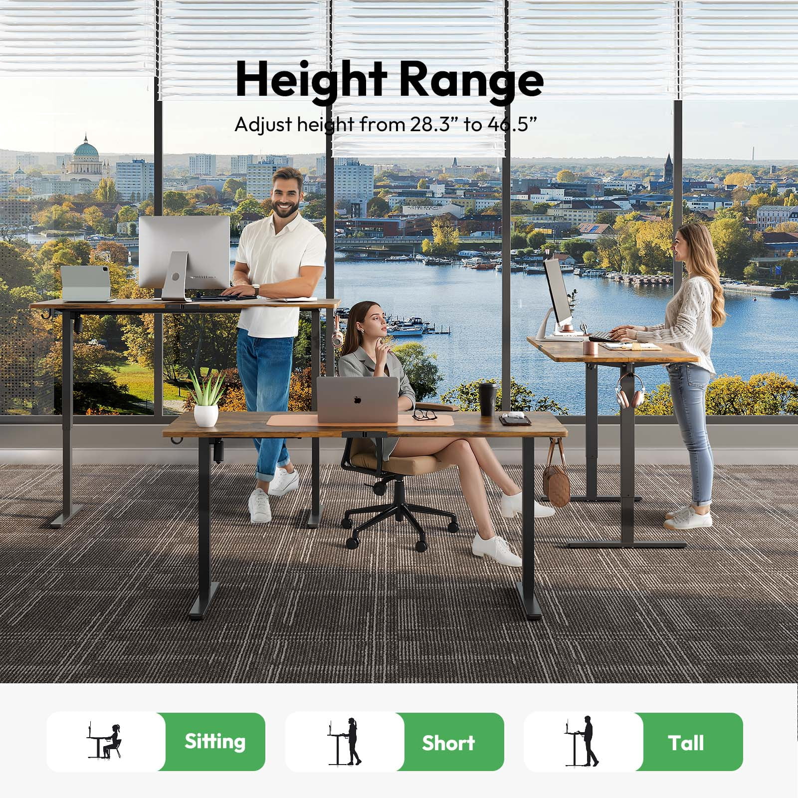63×28 Inch Brown Electric Standing Desk, Adjustable Height Sit Stand Desk with 3 Memory Presets, Child Lock, Carbon Steel Frame & Storage Hooks for Home Office