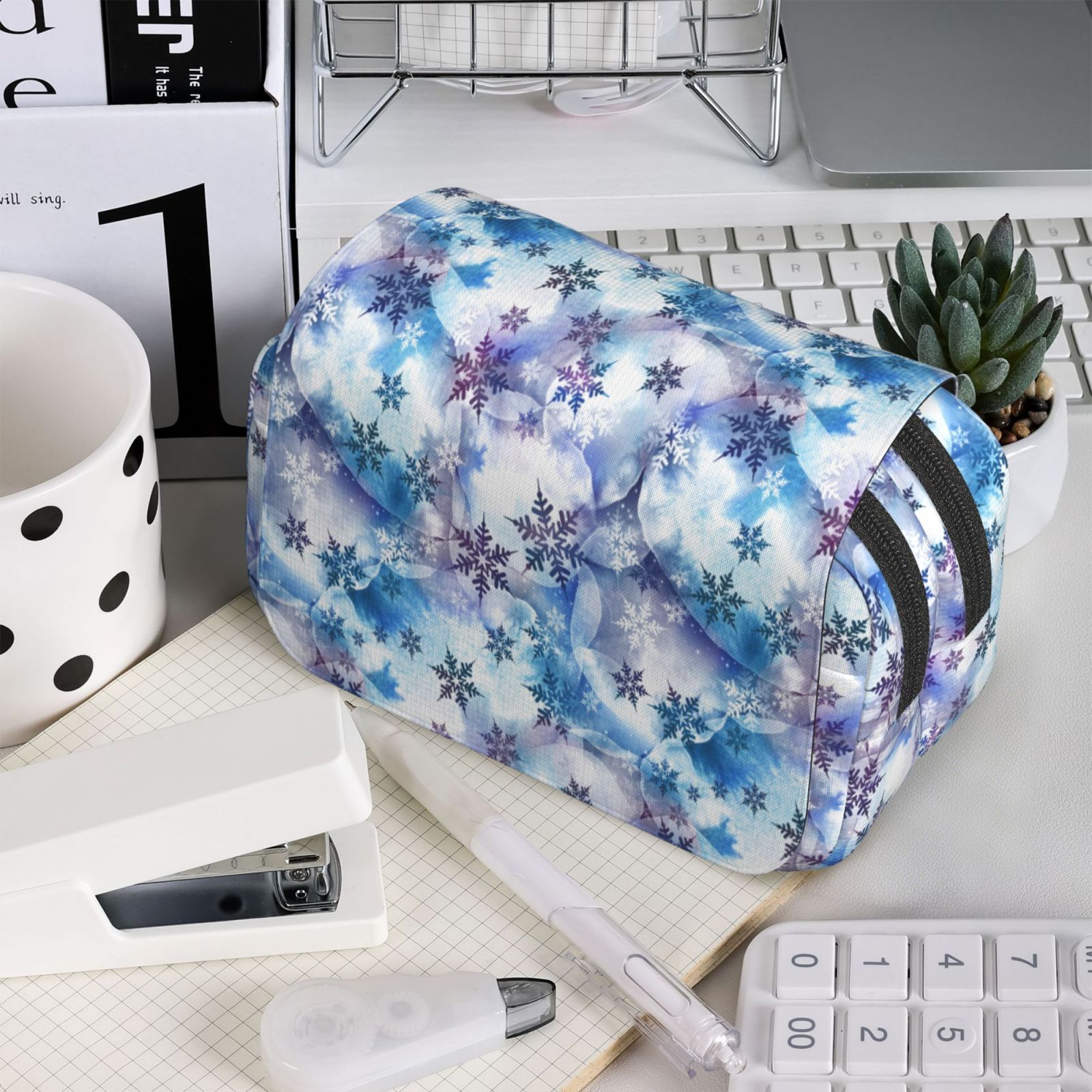 Rateoe Icy Blue Snowflakes Pattern Double Clamshell Pen Case, Storage Organizer with Two Zipper Compartments– Holds Up to 50 Pencils & Pens