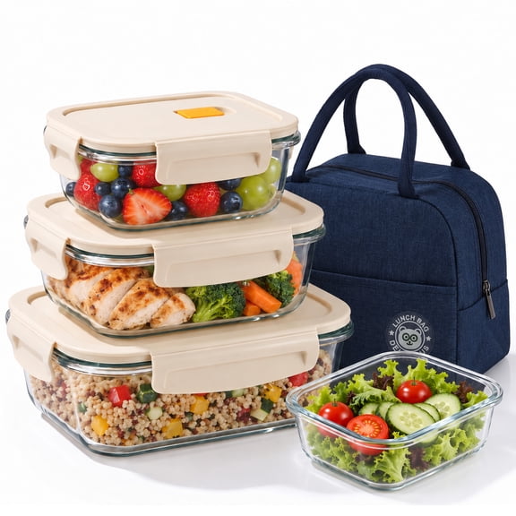 Glazina Glass Food Storage Containers with Lids and Lunch Bag, Meal Prep Containers, Microwave Oven Safe, 4 pack, Beige Lids