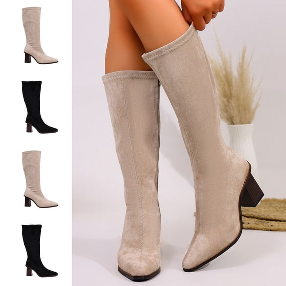 WAVSUF Mid Calf Boots for Womens Round Toe Wide Width Anti Slip Winter Trendy Kitten Boots Black 7
