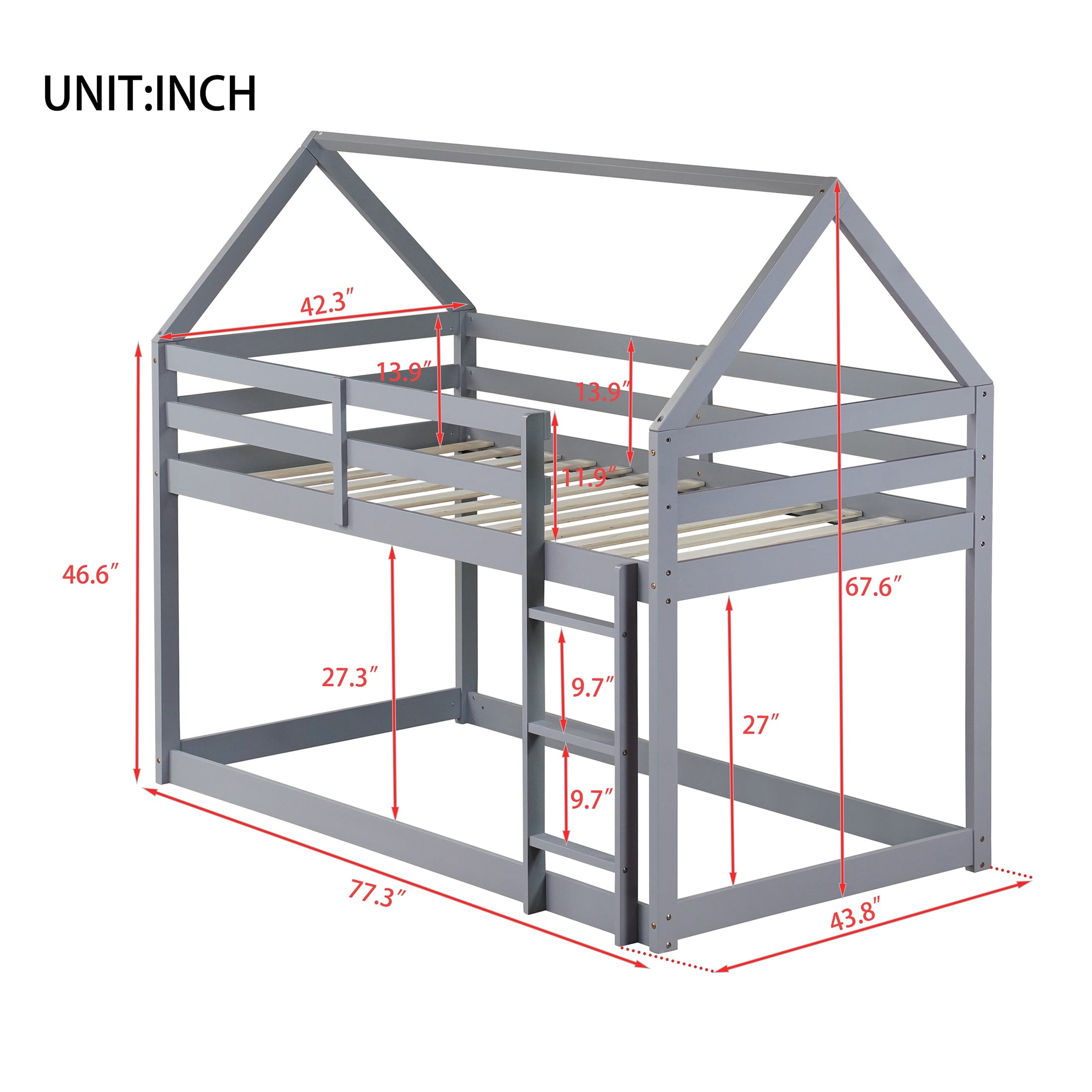 PORKISS Bunk Bed Twin Over Twin, Kids Low Floor Bunk Bed with Guard Rails for Children Boys Girls Dormitory Bedroom, Rubber Wood Bunk Bed, No Box Spring Needed, Grey #
