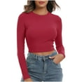 thumbnail image 1 of Timegard Womens Tops Ribbed Crewneck Long Sleeve Slim Comfy Tee Casual Crop Tops Bottom Blouse Fall, 1 of 5