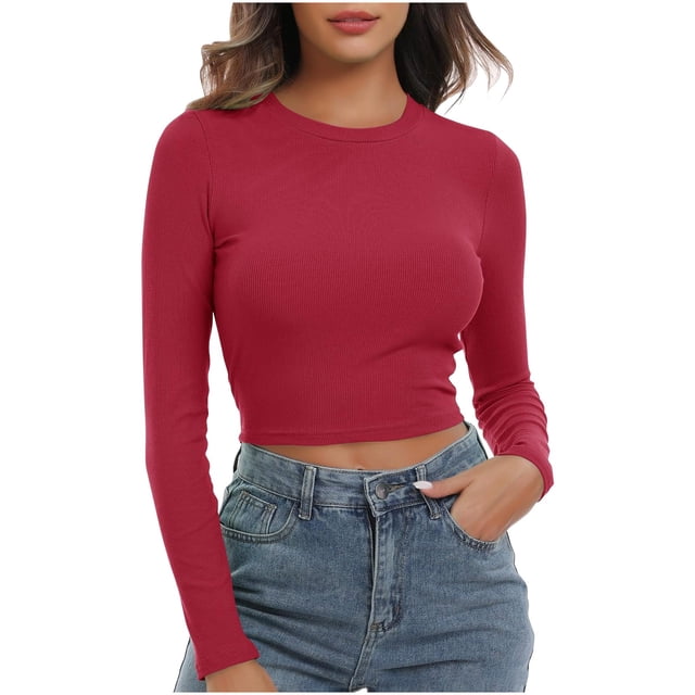 aidice Crop Tops for Women Ribbed Crewneck Long Sleeve Slim Fitting Comfy Casual Solid Color Tee Shirts