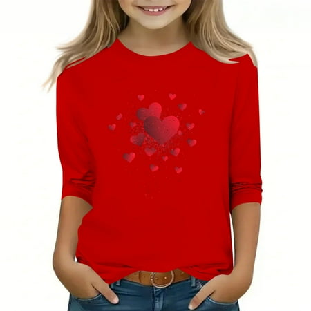 AHTJRT Kids Love Heart T-Shirt Long Sleeve Round Neck Blouse Cute Valentines Day Tee Shirt Fashion Family Lounge Streetwear Tops Red 3-4 Years