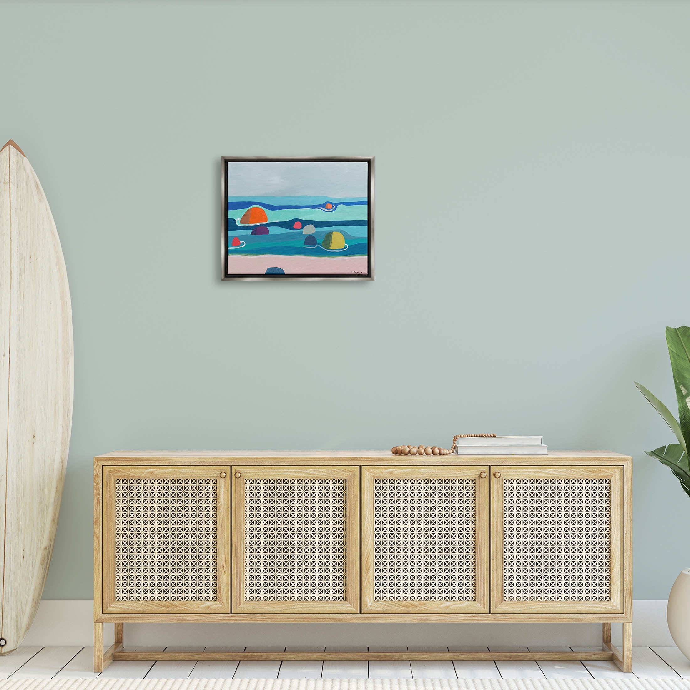 Modern Floating Beach Buoys Coastal Painting Luster Gray Framed Art Print Wall Art