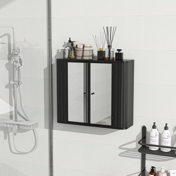 Black Wall-Mounted Bathroom Cabinet with 2 Mirrored Doors & Open Shelf, Farmhouse Metal Frame Storage for Vanity and Toilet, Space-Saving Waterproof Wall Cabinet