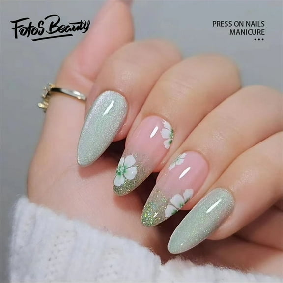 Fofosbeauty 24pcs Press on False Nails, Medium Almond Fake Acrylic Nails, Fresh Flower Glitter Light Green