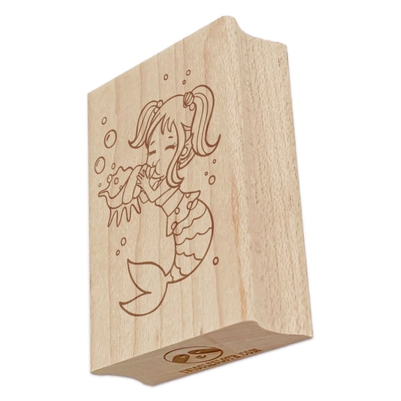 Musical Mermaid Playing Conch Shell Rectangle Rubber Stamp Stamping Scrapbooking Crafting - Small 1.7in